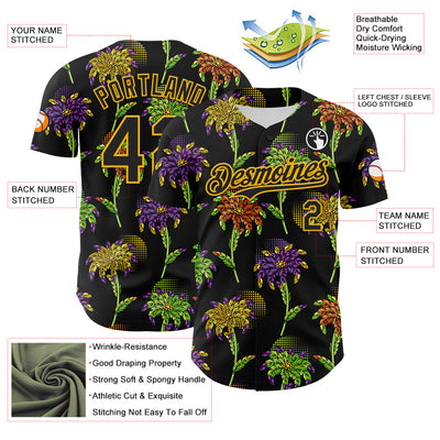 Custom Black Gold 3D Pattern Design Mardi Gras Shrove Tuesday Authentic Baseball Jersey