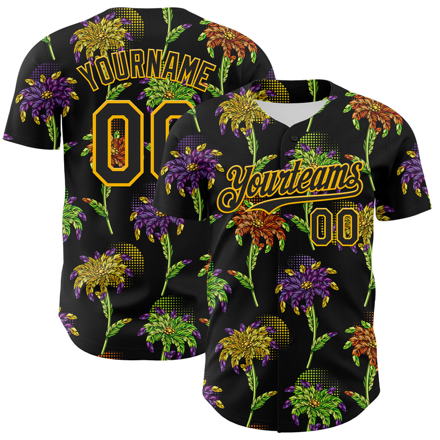 Custom Black Gold 3D Pattern Design Mardi Gras Shrove Tuesday Authentic Baseball Jersey
