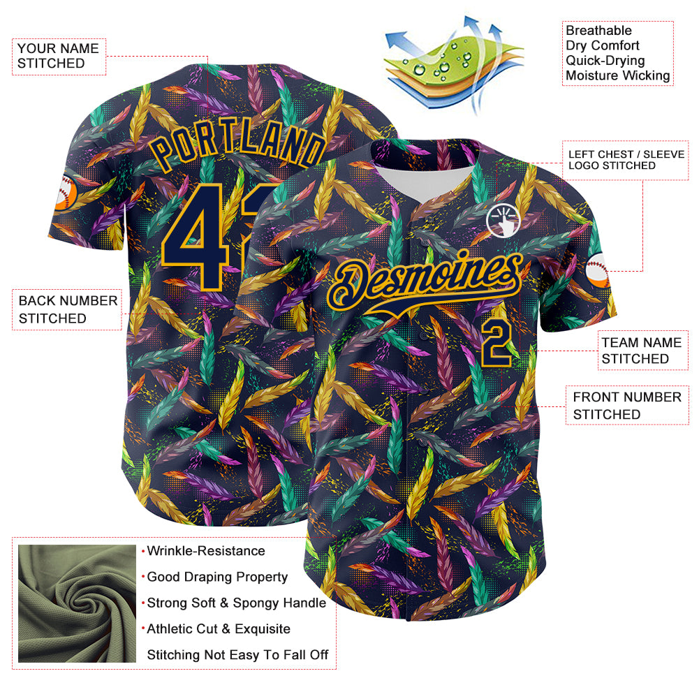 Custom Navy Gold 3D Pattern Design Mardi Gras Shrove Tuesday Authentic Baseball Jersey