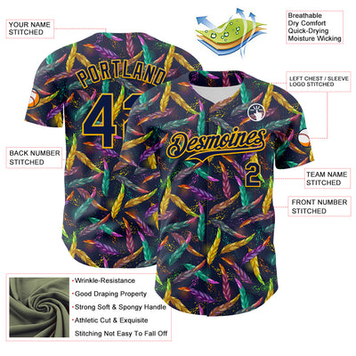 Custom Navy Gold 3D Pattern Design Mardi Gras Shrove Tuesday Authentic Baseball Jersey