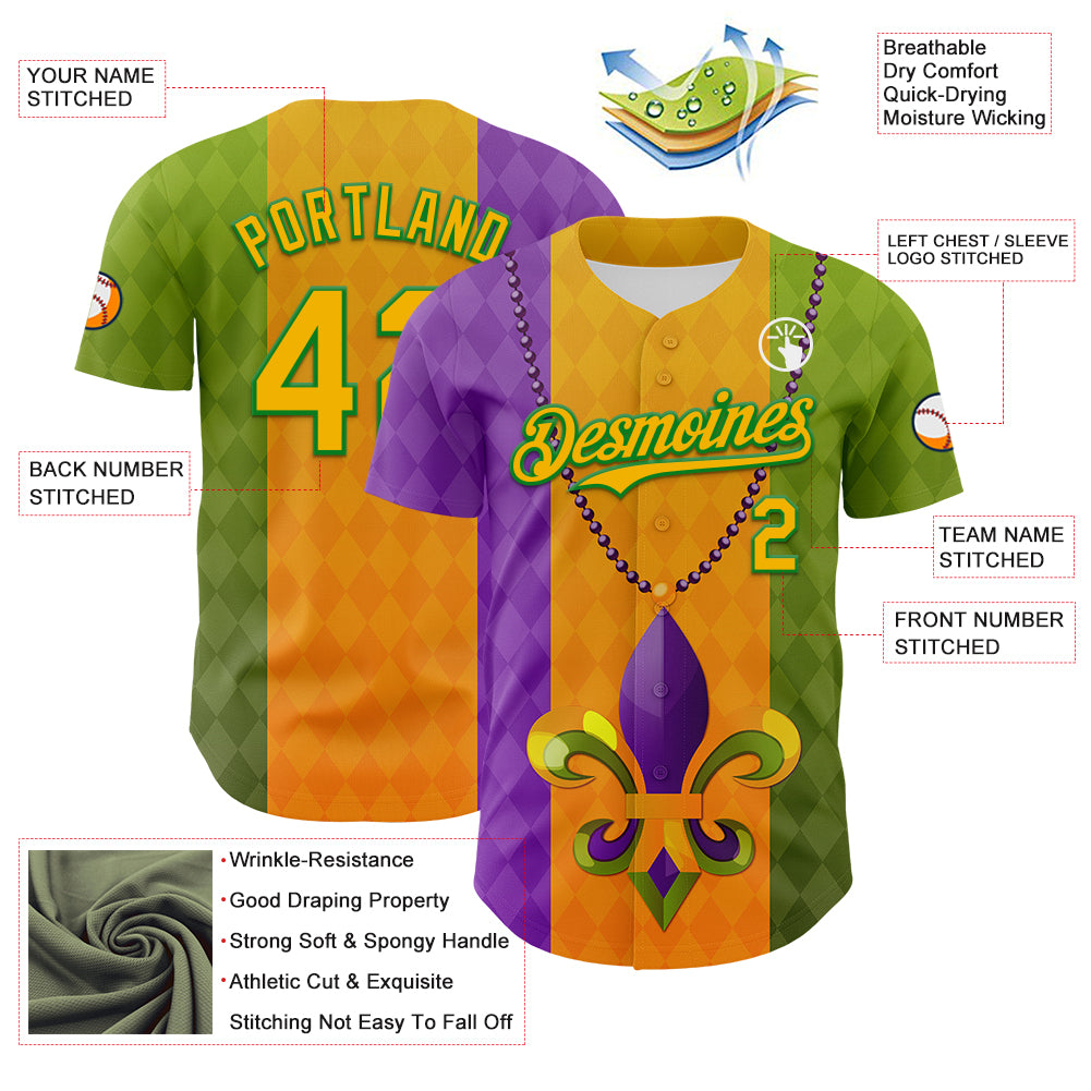 Custom Purple Gold-Grass Green 3D Pattern Design Mardi Gras Shrove Tuesday Authentic Baseball Jersey