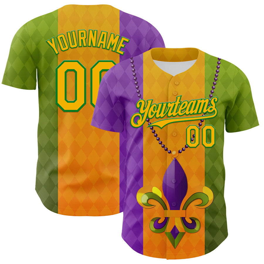 Custom Purple Gold-Grass Green 3D Pattern Design Mardi Gras Shrove Tuesday Authentic Baseball Jersey