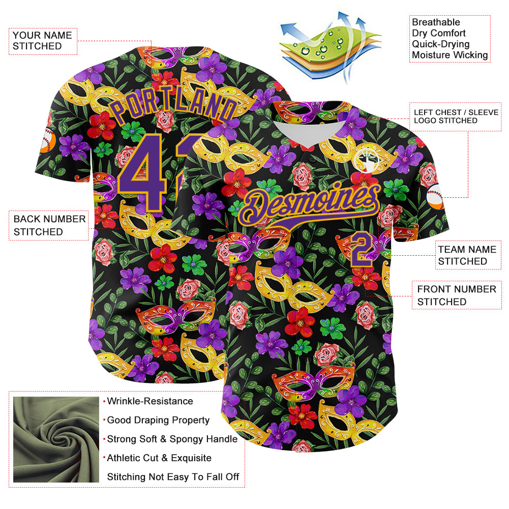 Custom Black Purple-Gold 3D Pattern Design Mardi Gras Shrove Tuesday Authentic Baseball Jersey