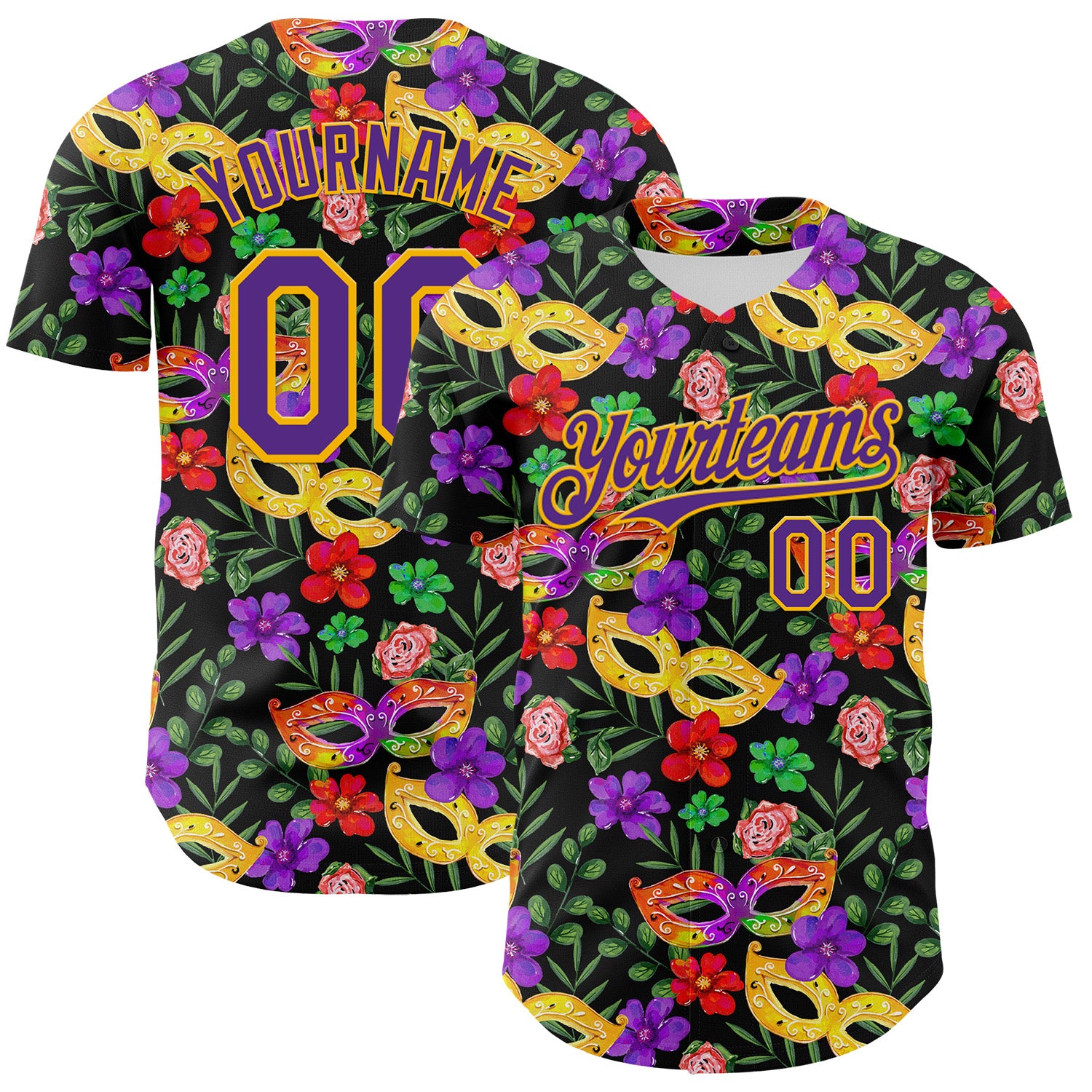 Custom Black Purple-Gold 3D Pattern Design Mardi Gras Shrove Tuesday Authentic Baseball Jersey