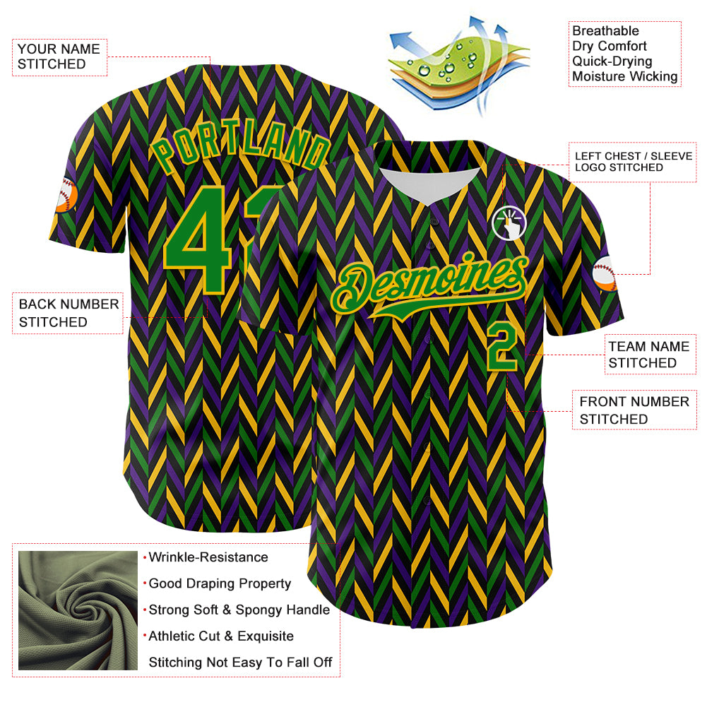 Custom Black Grass Green-Yellow 3D Pattern Design Mardi Gras Shrove Tuesday Authentic Baseball Jersey