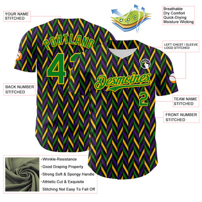 Custom Black Grass Green-Yellow 3D Pattern Design Mardi Gras Shrove Tuesday Authentic Baseball Jersey