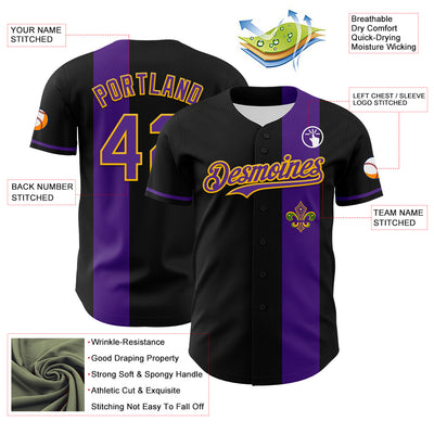 Custom Black Purple-Gold 3D Pattern Design Mardi Gras Shrove Tuesday Authentic Baseball Jersey