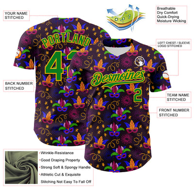 Custom Purple Grass Green-Gold 3D Pattern Design Mardi Gras Shrove Tuesday Authentic Baseball Jersey
