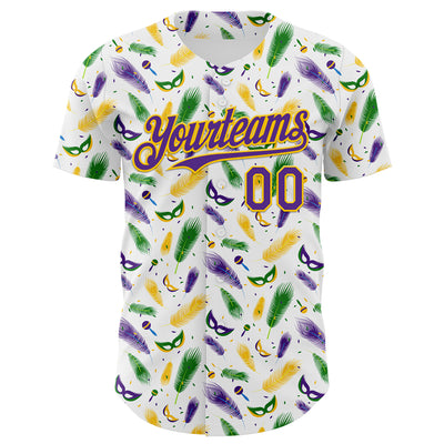 Custom White Purple-Yellow 3D Pattern Design Mardi Gras Shrove Tuesday Authentic Baseball Jersey