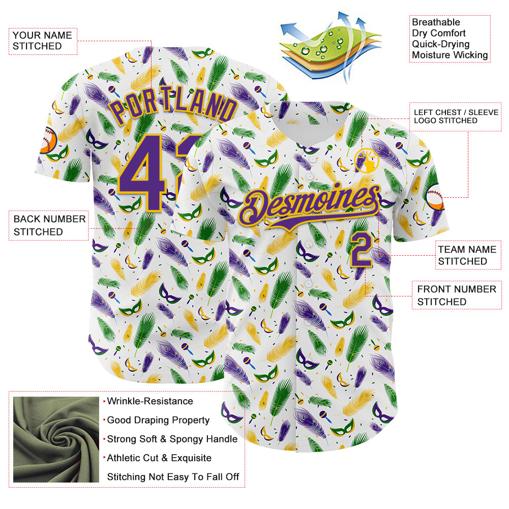 Custom White Purple-Yellow 3D Pattern Design Mardi Gras Shrove Tuesday Authentic Baseball Jersey