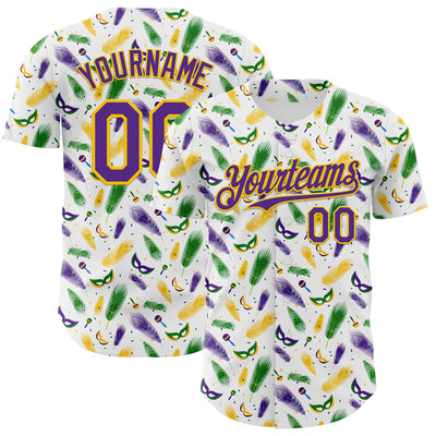 Custom White Purple-Yellow 3D Pattern Design Mardi Gras Shrove Tuesday Authentic Baseball Jersey