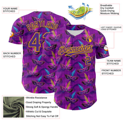 Custom Purple Gold 3D Pattern Design Mardi Gras Shrove Tuesday Authentic Baseball Jersey