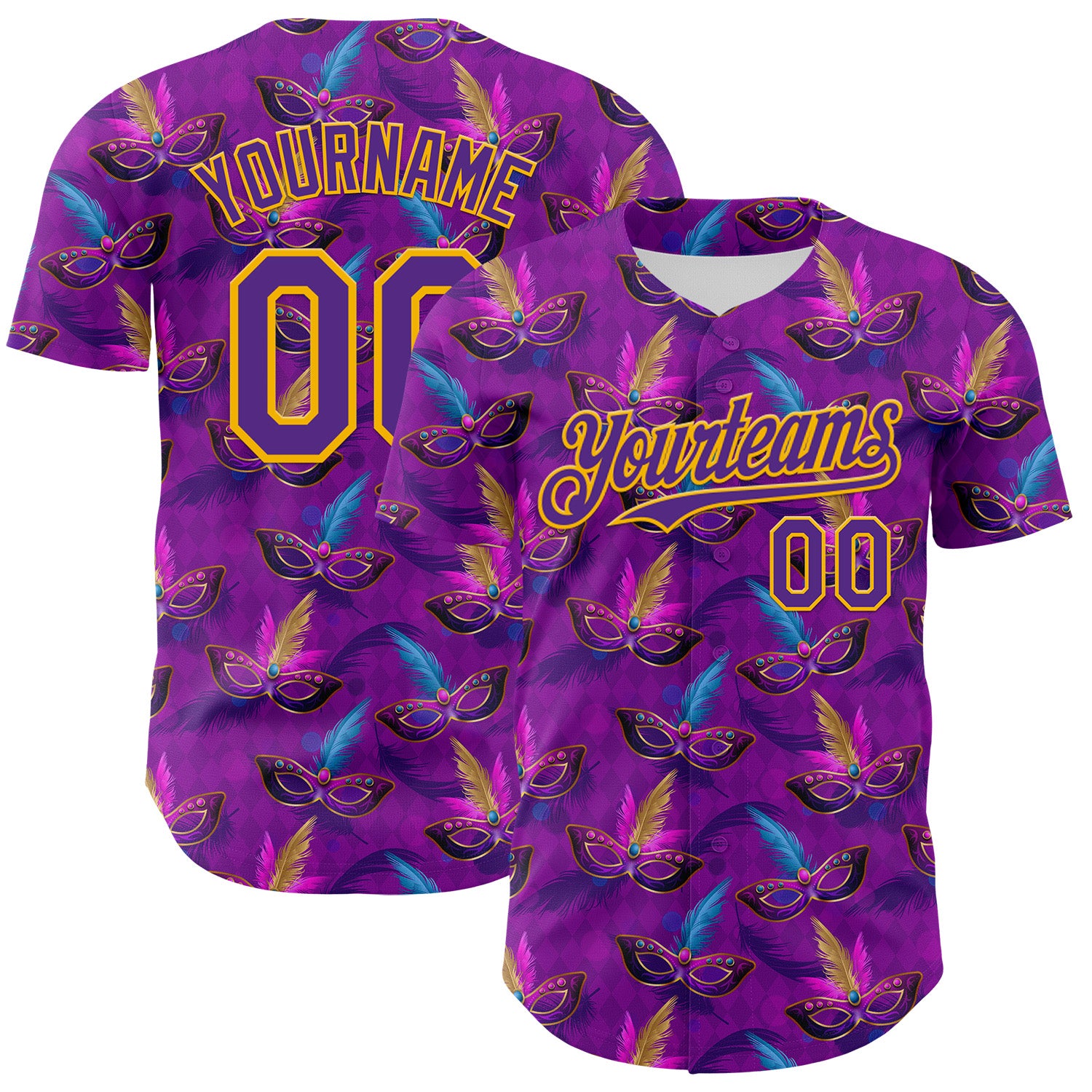 Custom Purple Gold 3D Pattern Design Mardi Gras Shrove Tuesday Authentic Baseball Jersey