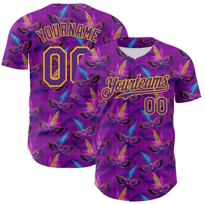Custom Purple Gold 3D Pattern Design Mardi Gras Shrove Tuesday Authentic Baseball Jersey