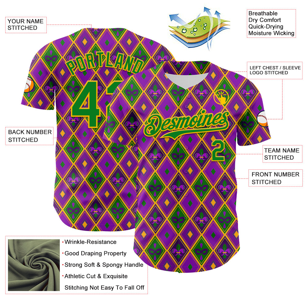 Custom Purple Grass Green-Gold 3D Pattern Design Mardi Gras Shrove Tuesday Authentic Baseball Jersey