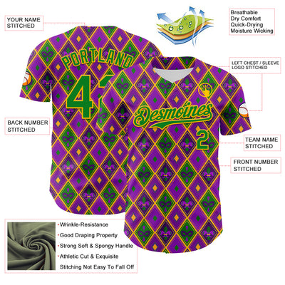 Custom Purple Grass Green-Gold 3D Pattern Design Mardi Gras Shrove Tuesday Authentic Baseball Jersey