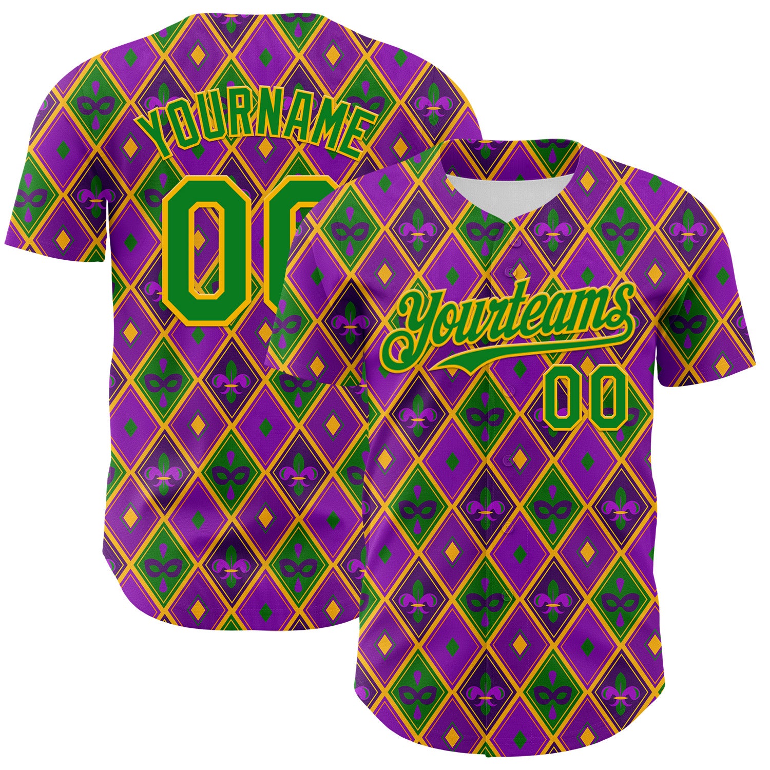 Custom Purple Grass Green-Gold 3D Pattern Design Mardi Gras Shrove Tuesday Authentic Baseball Jersey