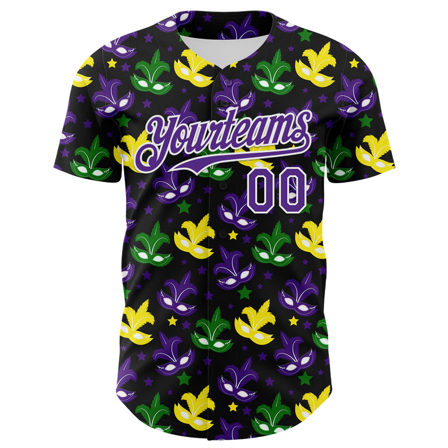 Custom Black Purple-White 3D Pattern Design Mardi Gras Shrove Tuesday Authentic Baseball Jersey