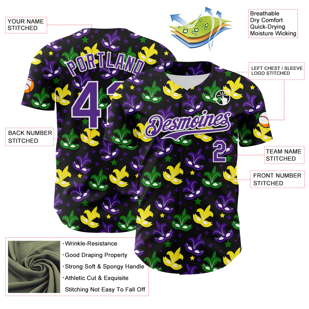 Custom Black Purple-White 3D Pattern Design Mardi Gras Shrove Tuesday Authentic Baseball Jersey