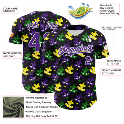 Custom Black Purple-White 3D Pattern Design Mardi Gras Shrove Tuesday Authentic Baseball Jersey