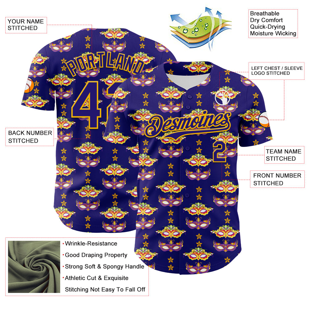 Custom Dark Purple Gold 3D Pattern Design Mardi Gras Shrove Tuesday Authentic Baseball Jersey