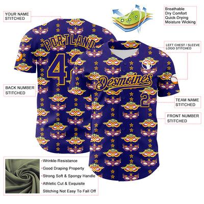 Custom Dark Purple Gold 3D Pattern Design Mardi Gras Shrove Tuesday Authentic Baseball Jersey