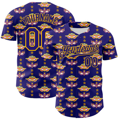 Custom Dark Purple Gold 3D Pattern Design Mardi Gras Shrove Tuesday Authentic Baseball Jersey