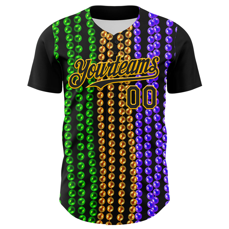 Custom Black Gold 3D Pattern Design Mardi Gras Shrove Tuesday Authentic Baseball Jersey