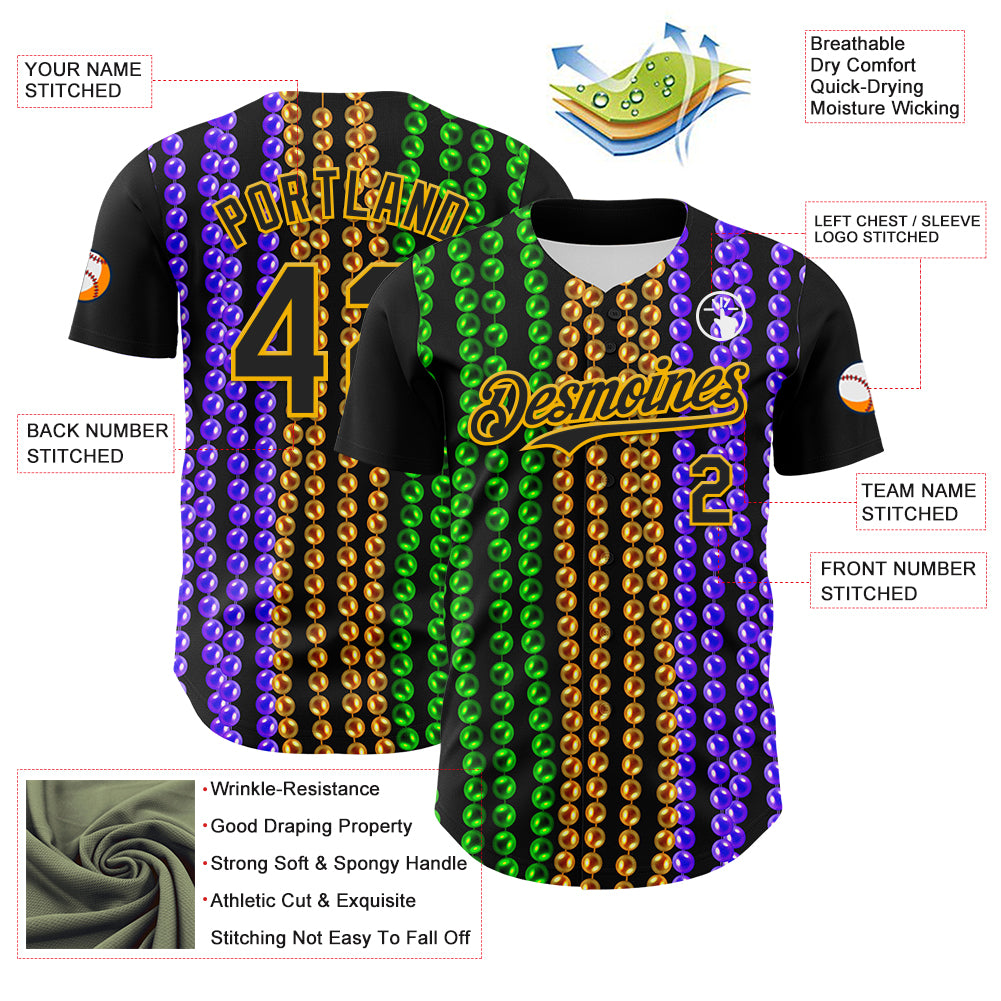 Custom Black Gold 3D Pattern Design Mardi Gras Shrove Tuesday Authentic Baseball Jersey