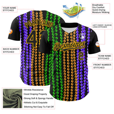 Custom Black Gold 3D Pattern Design Mardi Gras Shrove Tuesday Authentic Baseball Jersey