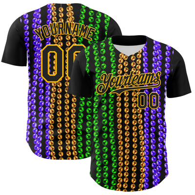 Custom Black Gold 3D Pattern Design Mardi Gras Shrove Tuesday Authentic Baseball Jersey