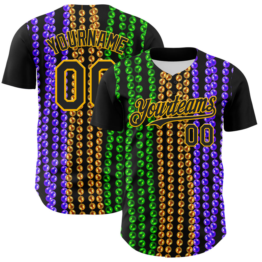Custom Black Gold 3D Pattern Design Mardi Gras Shrove Tuesday Authentic Baseball Jersey