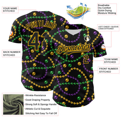 Custom Black Gold 3D Pattern Design Mardi Gras Shrove Tuesday Authentic Baseball Jersey