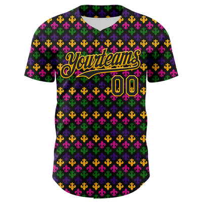Custom Black Gold 3D Pattern Design Mardi Gras Shrove Tuesday Authentic Baseball Jersey