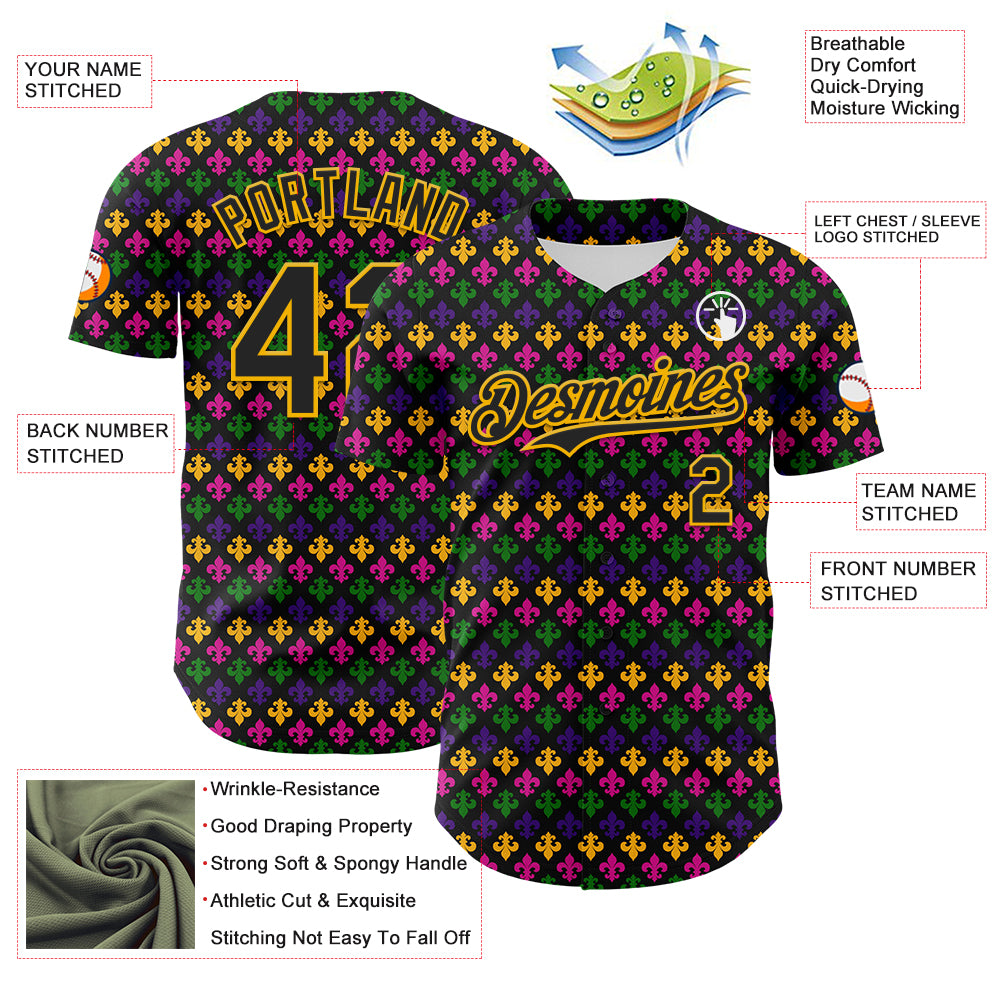 Custom Black Gold 3D Pattern Design Mardi Gras Shrove Tuesday Authentic Baseball Jersey