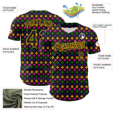 Custom Black Gold 3D Pattern Design Mardi Gras Shrove Tuesday Authentic Baseball Jersey