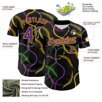 Custom Black Purple-Gold 3D Pattern Design Mardi Gras Shrove Tuesday Authentic Baseball Jersey