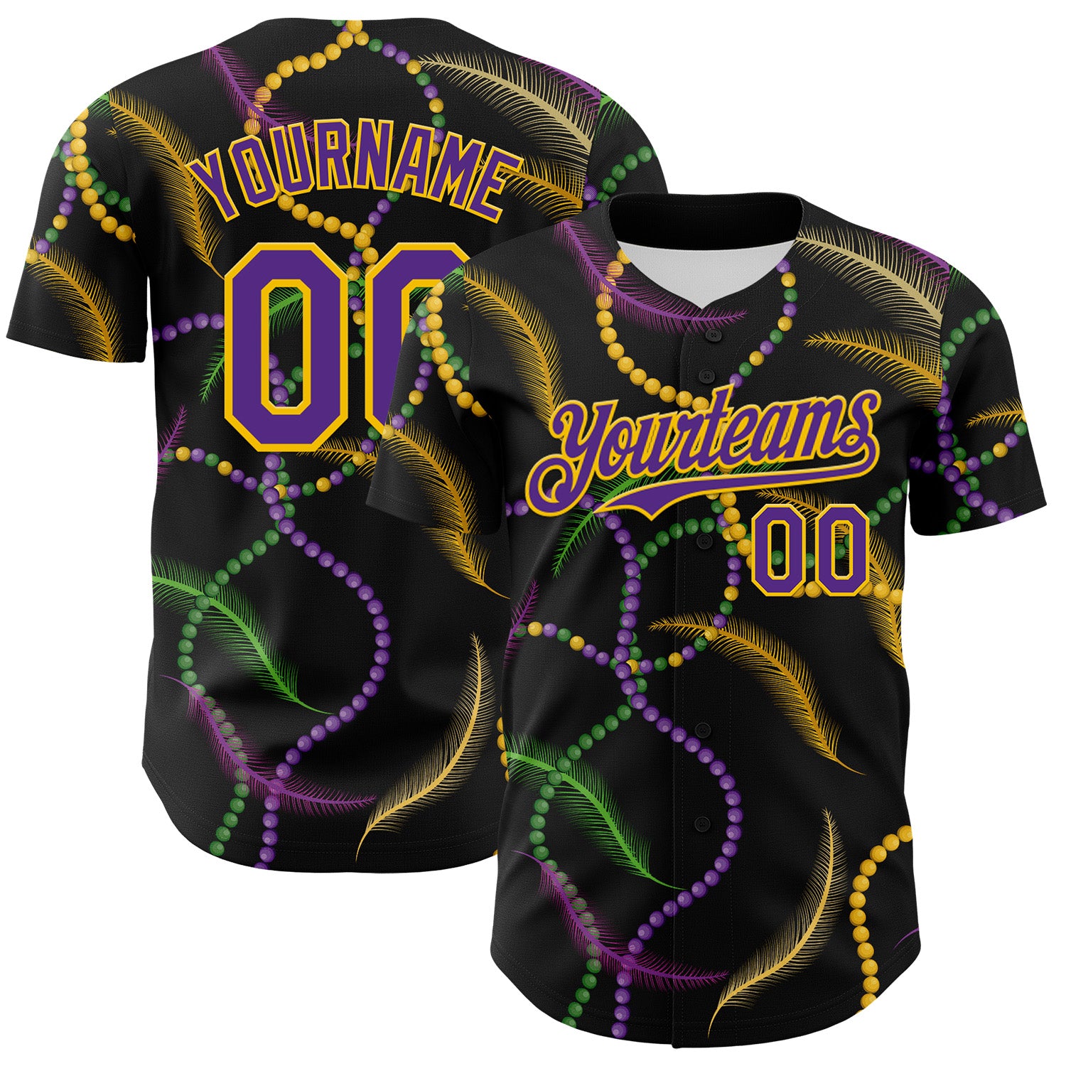 Custom Black Purple-Gold 3D Pattern Design Mardi Gras Shrove Tuesday Authentic Baseball Jersey