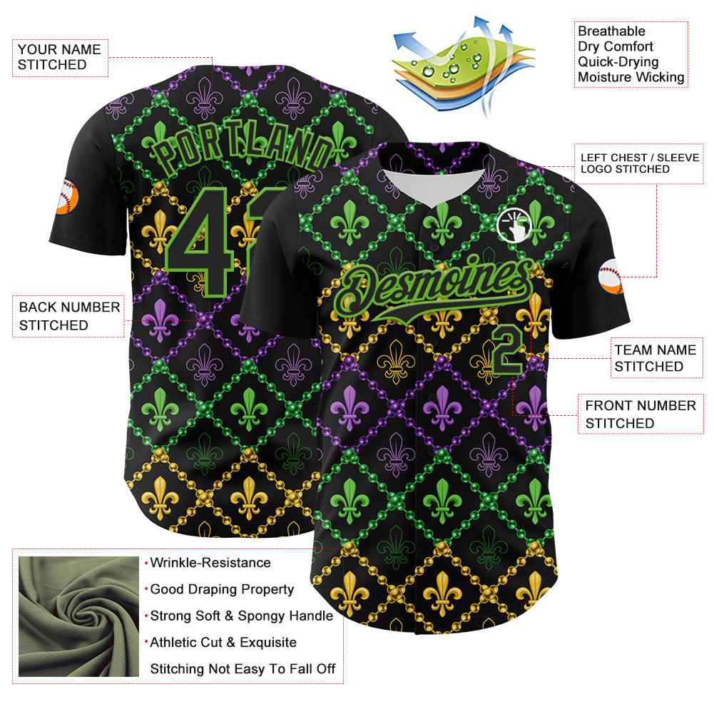Custom Black Aurora Green 3D Pattern Design Mardi Gras Shrove Tuesday Authentic Baseball Jersey