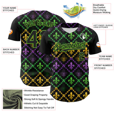 Custom Black Aurora Green 3D Pattern Design Mardi Gras Shrove Tuesday Authentic Baseball Jersey