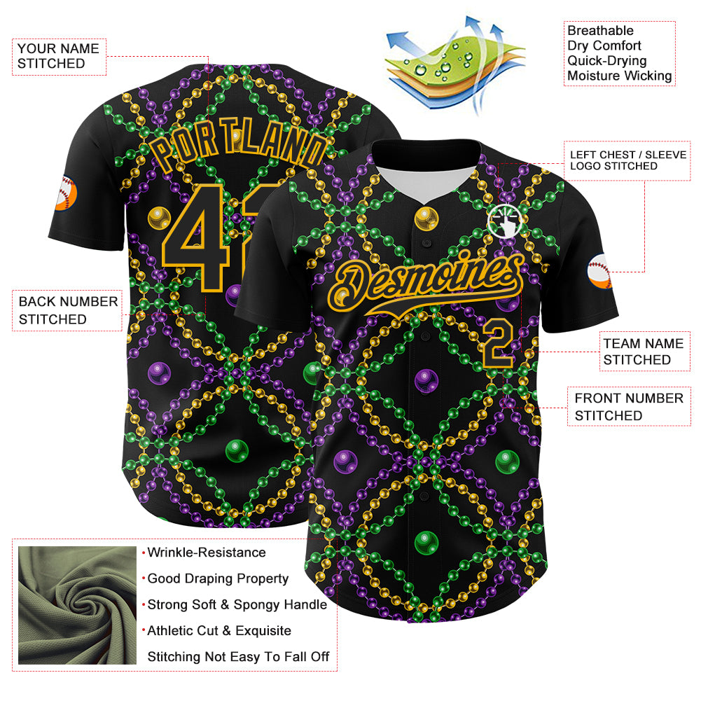 Custom Black Gold 3D Pattern Design Mardi Gras Shrove Tuesday Authentic Baseball Jersey