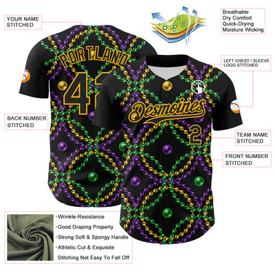 Custom Black Gold 3D Pattern Design Mardi Gras Shrove Tuesday Authentic Baseball Jersey