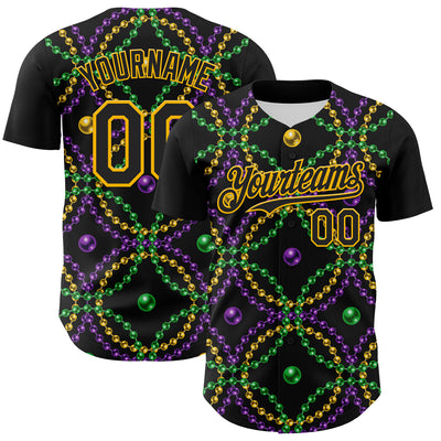 Custom Black Gold 3D Pattern Design Mardi Gras Shrove Tuesday Authentic Baseball Jersey