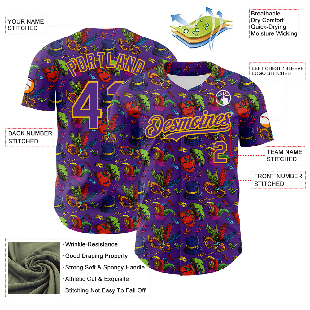 Custom Purple Gold 3D Pattern Design Mardi Gras Shrove Tuesday Authentic Baseball Jersey
