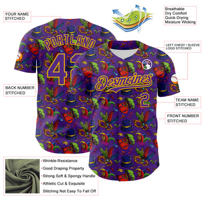 Custom Purple Gold 3D Pattern Design Mardi Gras Shrove Tuesday Authentic Baseball Jersey