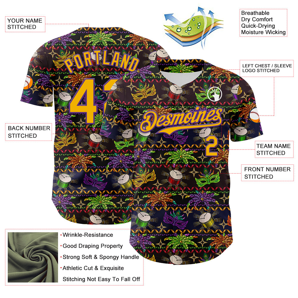 Custom Black Gold-Purple 3D Pattern Design Mardi Gras Shrove Tuesday Authentic Baseball Jersey