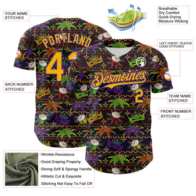 Custom Black Gold-Purple 3D Pattern Design Mardi Gras Shrove Tuesday Authentic Baseball Jersey