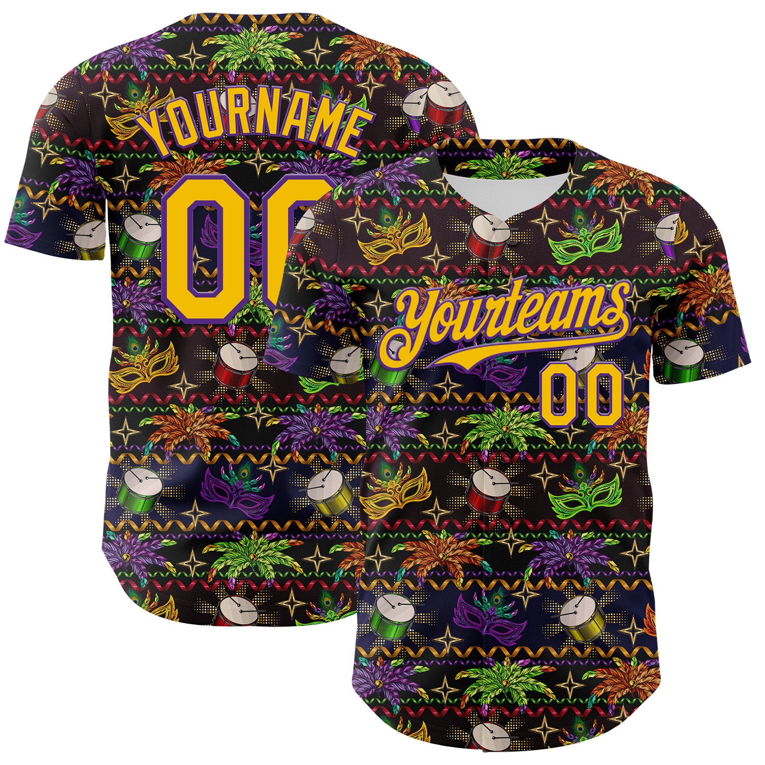 Custom Black Gold-Purple 3D Pattern Design Mardi Gras Shrove Tuesday Authentic Baseball Jersey