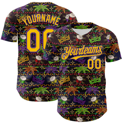 Custom Black Gold-Purple 3D Pattern Design Mardi Gras Shrove Tuesday Authentic Baseball Jersey