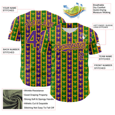Custom Green Purple-Gold 3D Pattern Design Mardi Gras Shrove Tuesday Authentic Baseball Jersey